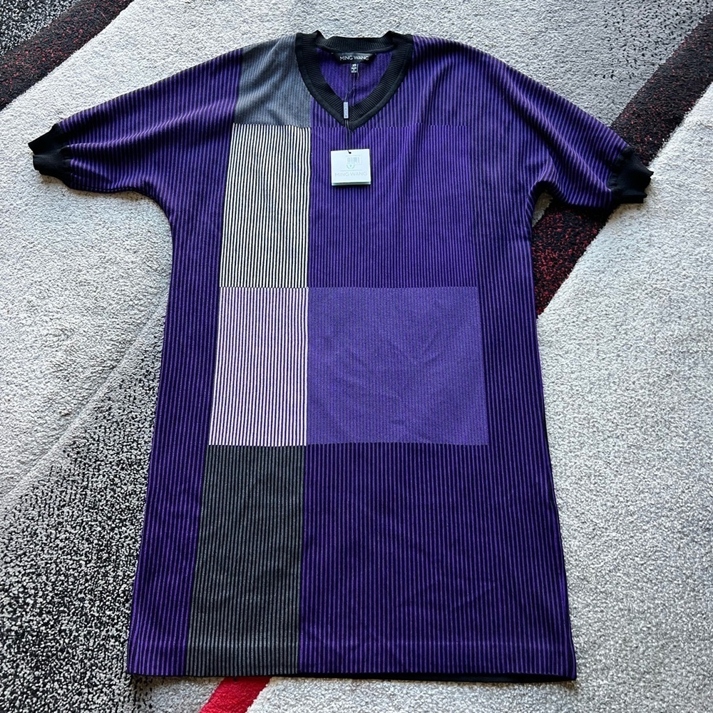 Ming Wang Purple Striped Short Sleeve Knit Shift Dress